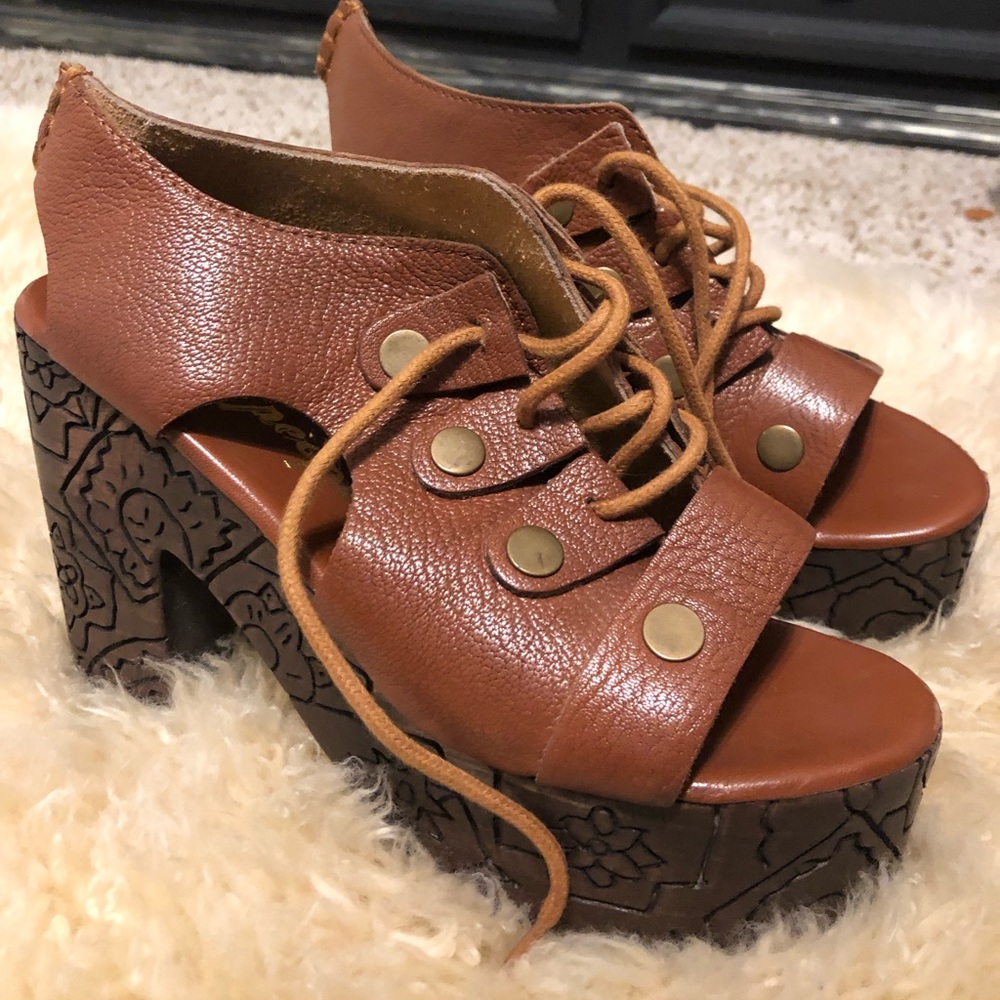 Free People Brown Leather Studded Platform Clogs